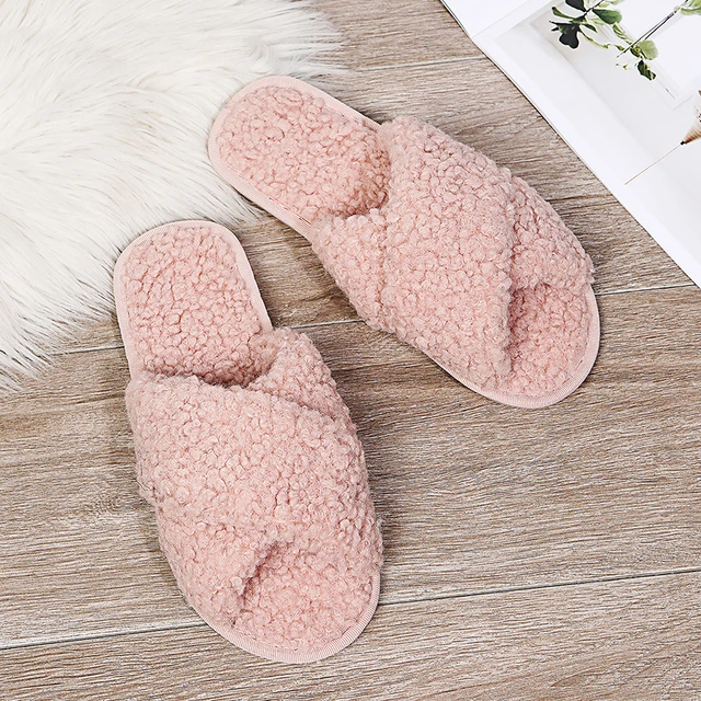 Winter Women House Slippers Faux Fur Fashion Warm Shoes Woman Slip on Flats Female Slides Black Pink cozy home  furry slippers Curly pink
