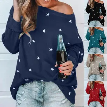 

Autumn Winter Women's Casual Sweater Star Print Off Shoulder Long Sleeve Knit Sweater horizontal neck Loose Warm Pullover Tops