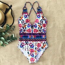 Цельный купальник для женщин сексуальный глубокий V купальник монокини с принтом цветочный купальный костюм облегающие трико De Bain Femme