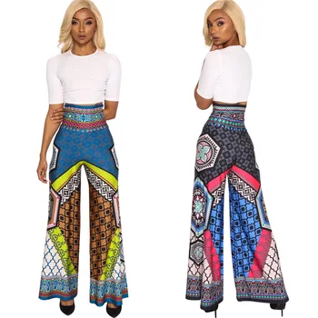 

pants women wide leg plus size Polyester Full Length Street Style Loose Elastic Waist Pattern Geometric Wide Leg trousers