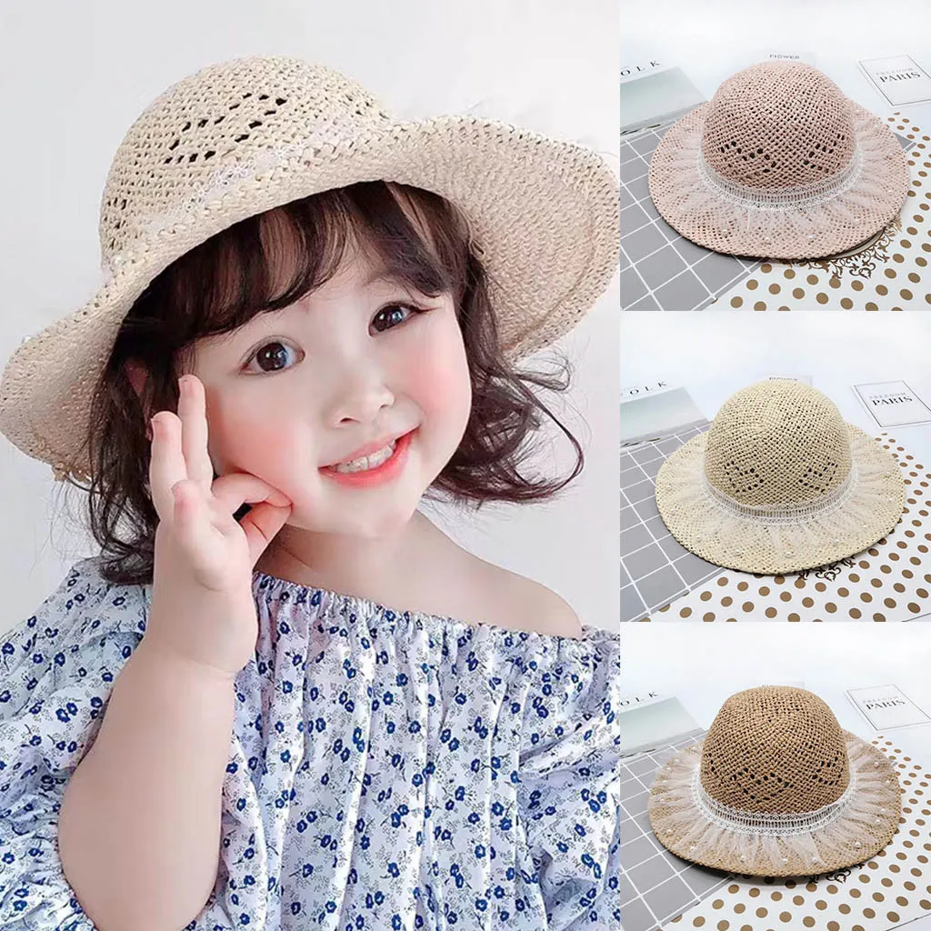 Kids Hat Summer Fashion Straw Lace Pearl Gauze Hat Princess Bucket ...