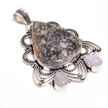 

Turtille Jaspers + Rainbow Moonstone Pendant Silver Overlay over Copper , 74 mm, P6960