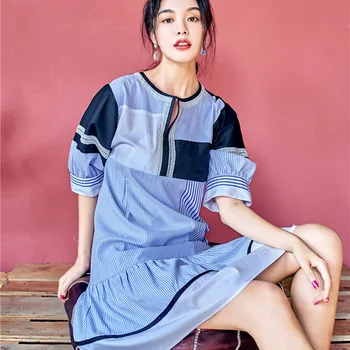 

Korea can ship Retro hit collar blue dresses women 2020 summer new Lantern half Sleeve Striped hollow out round collar H953