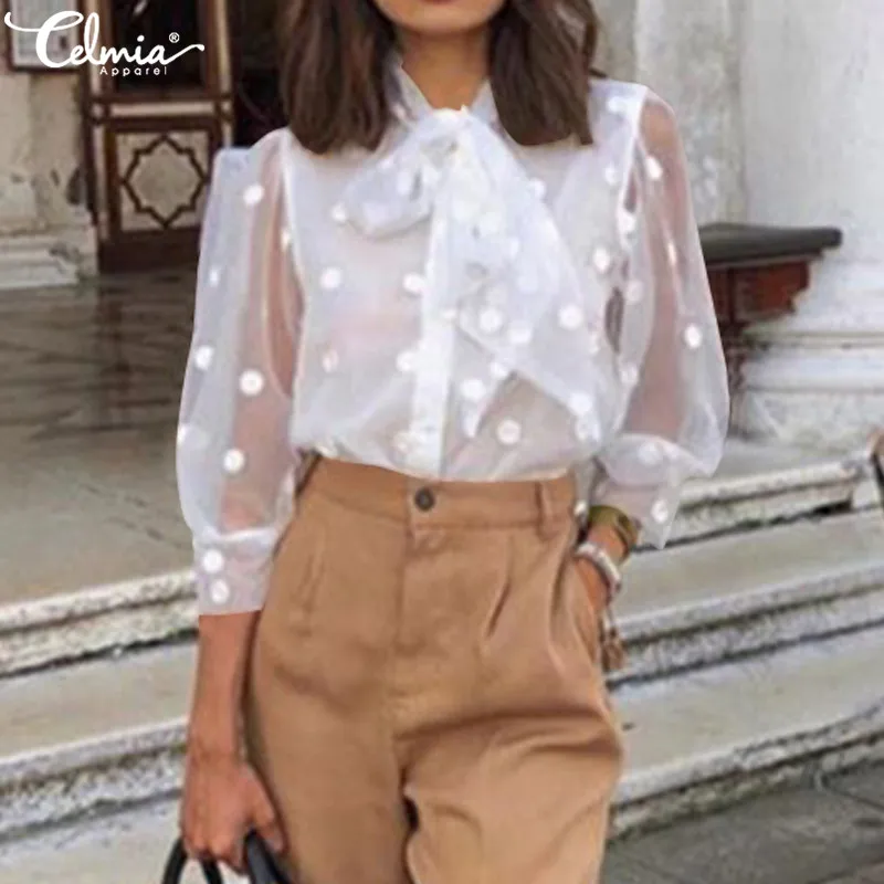 

Celmia Women Sexy Polka Dot Blouse 2019 Fashion Shirts See-through Sheer Ladies Tops Casual Bow Tie Buttons Female Blusas S-5XL
