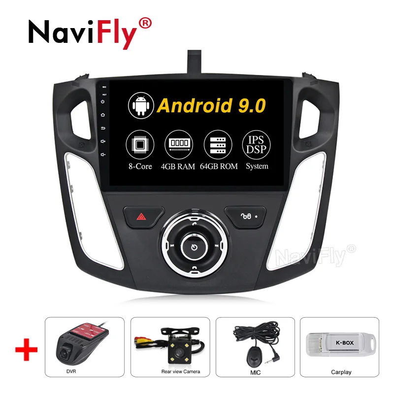 NaviFly ips DSP 4 Гб+ 64 ГБ 9 дюймов Android 9 Мультимедиа автомобильный радиоприемник проигрыватель для 2011 2012 2013- Ford Focus Стерео gps навигация - Цвет: 4-64-Cam-DVR-Carplay