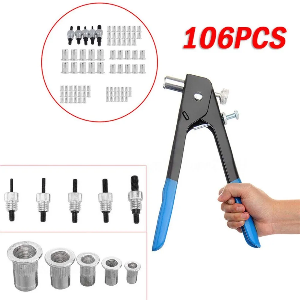 106PCSManual Pull Gun Pull Cap Gun Rivet nut Set Manual nut Gun Set Gun Blind Rivet Hand Tool 106PC Nut Inserts Heavy Duty Rivet