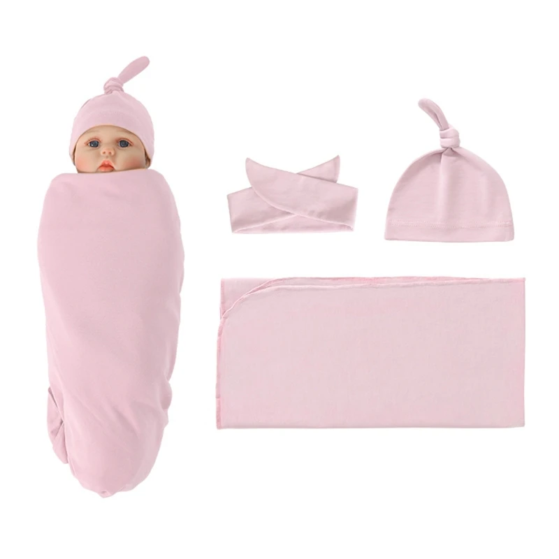 Newborn Swaddling Wrap+Headband+Hat Set Baby Receiving Blanket Sleepsack Hair Band Baby Bonnet Blanket Boys Girls Shower Gift 4