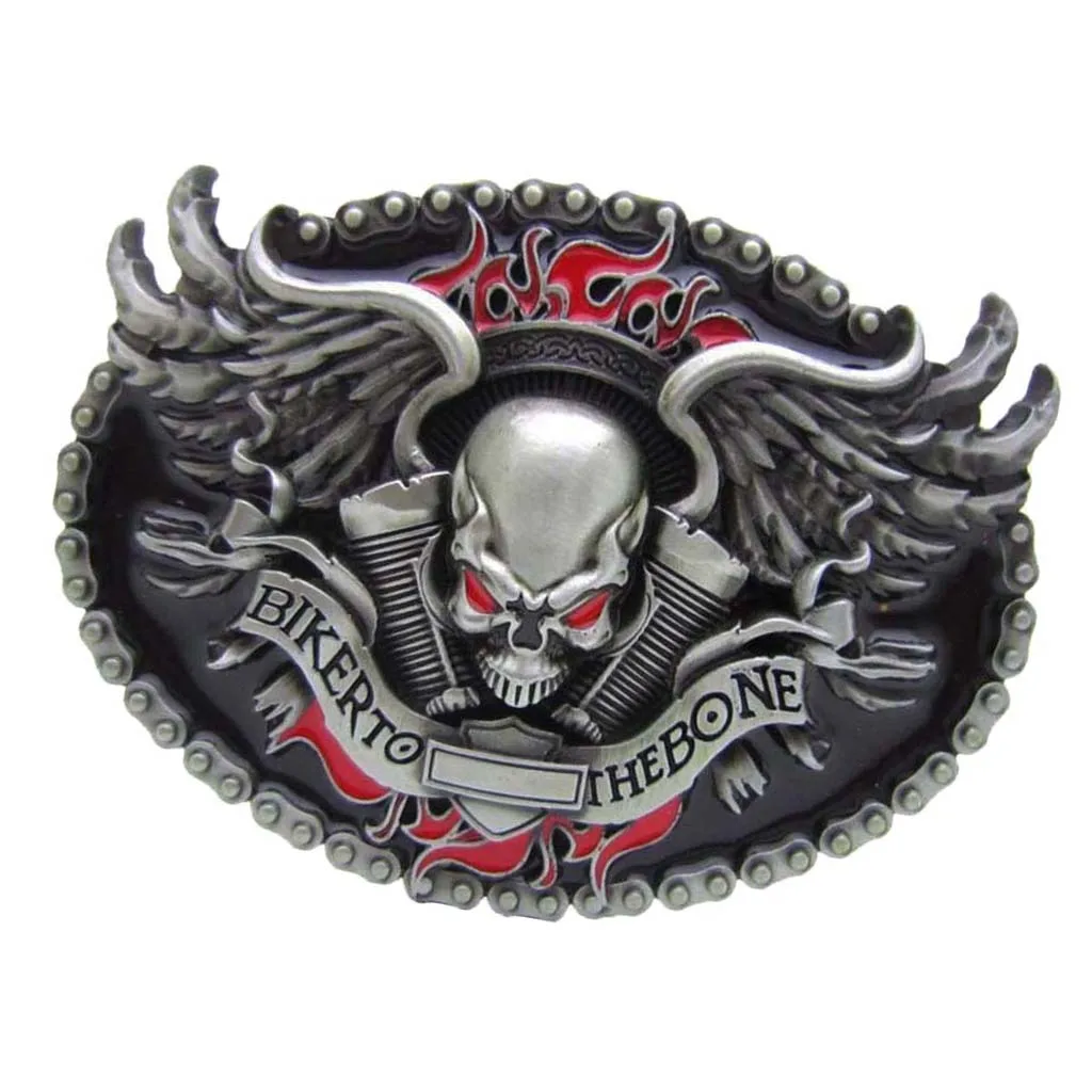 BIKER TO THE BONE Skull Head Vintage Oval Belt Buckle Western Cowboy Mens Accesories