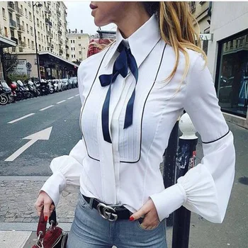 

Women's shirt overalls Professional shirt Autumn blue Bowknot Long Sleeve Shirt Spring female Pure White Slim Pendant