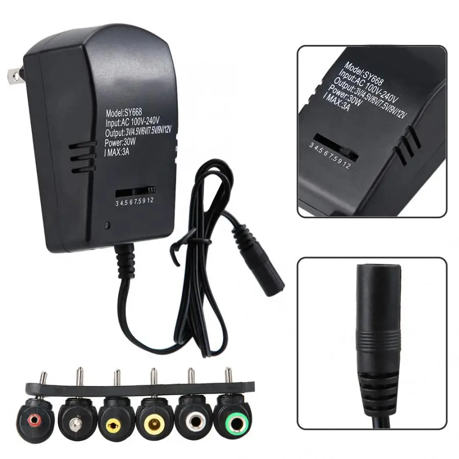 Универсальный 30W 3 v/4,5 v/6 v/7,5 v/9 v/12 v адаптер питания постоянного тока с регулируемым напряжением(100-240V US Plug) дорожный преобразователь