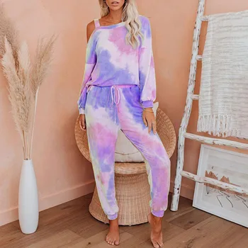 

Plus Size Tie Dye Single Strap Women Pajama Sets Bat Sleeve Top Lace Up Pant Set 2020 Autumn Casual Loose Female Lounge Clothes
