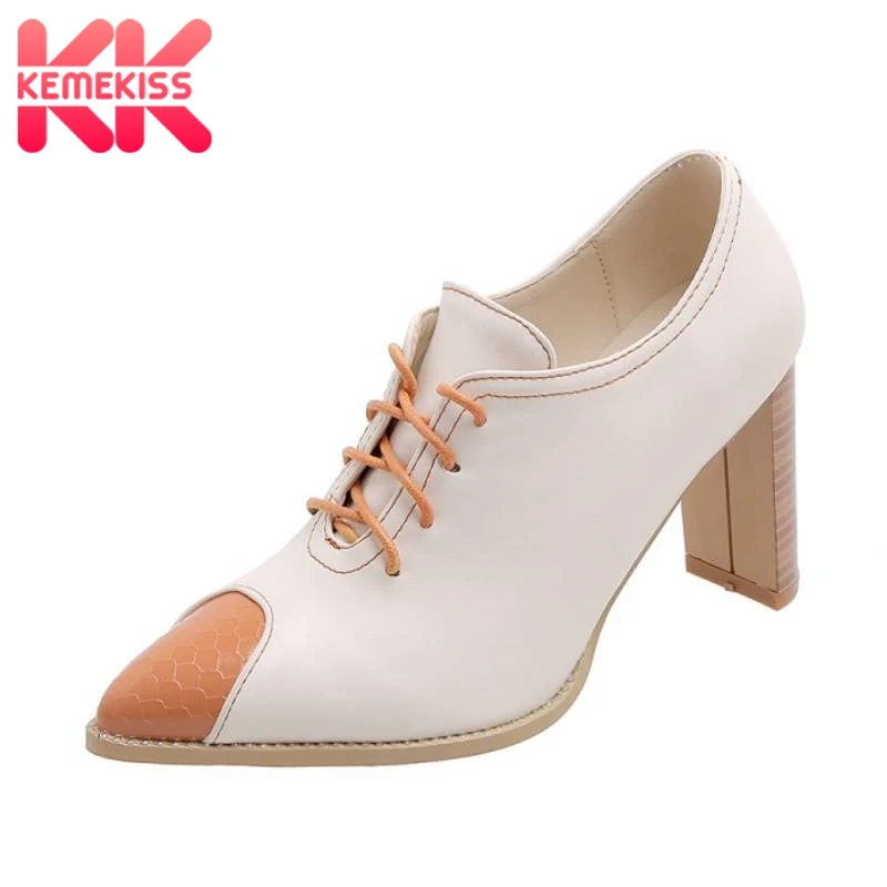 

KemeKiss Women High Quality Office Work Pumps Pointed Toe Patchwork High Heel Shoes Women Lace Up Daily Footwear Size 32-42