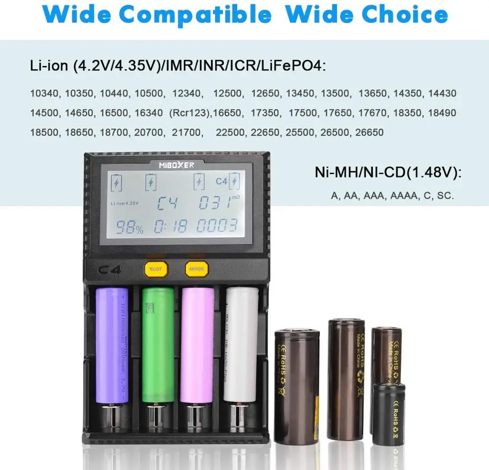 Miboxer VC4 LCD Smart Battery Charger With Car Discharger For Li-ion/IMR/INR/ICR/LiFePO4 18650 14500 26650 AAA 100-800mah charger adapter battery charger usb charging cable battery charger adapter