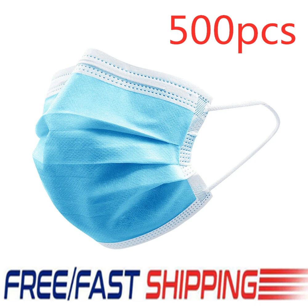 

500 PCS 3 Layer Non-Woven Disposable Mouth Face Masks Anti-Dust Mask Anti-Bacteria Proof Thickened Mouth Mask Blue