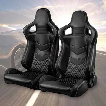 

2pcs Set Sports Style PVC Leather Racing Seats Reclinable Bucket Seat with Slider, Universal Fit for Most Vehicles