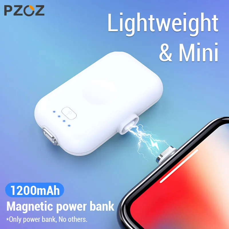 PZOZ Магнитный внешний аккумулятор для iPhone Micro USB Type C 1200 мАч мини магнит зарядное