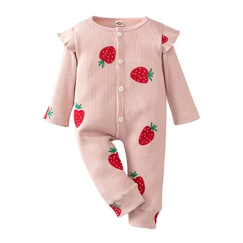 

2020 1pcs Autumn Baby Girls Jumpsuit Infant Newborn Cotton Print Strawberry Printing Long Sleeve Romper