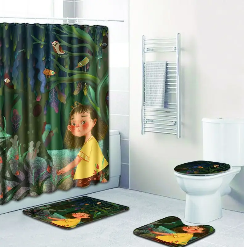 

Colorful Painting 3D Print Waterproof Bathroom Curtain Polyester Anti-slip Bath Mat Carpet Toilet Seat Cover Hook Home Decor
