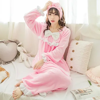 

Autumn Winter Korean Flannel Nightgown Girl Nightdress Princess Pajama With Bow Lace Bathrobe Lounge Negligee Pajamas Халат