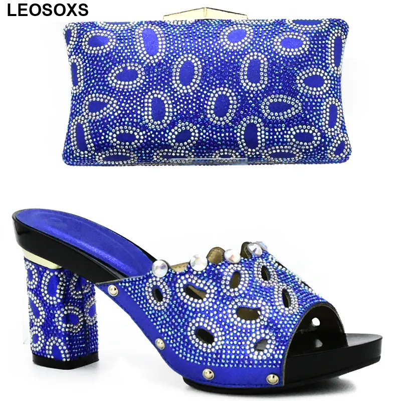 New Arrival Royal Blue Color African Shoes and Matching Bags Italian Shoe Bag Set Decorated with Rhinestone | Обувь
