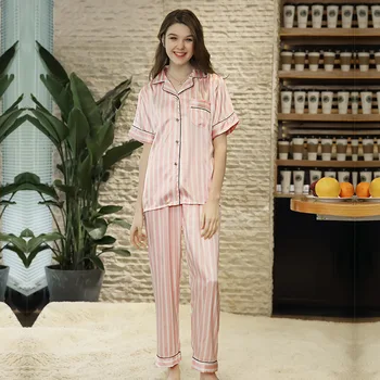 

Womens Pajamas Set Silk Satin Summer Short Sleeve Stripe Nightwear Sleepwear Pyjamas Lounge Sleep Wear Top Bottoms Female Suits