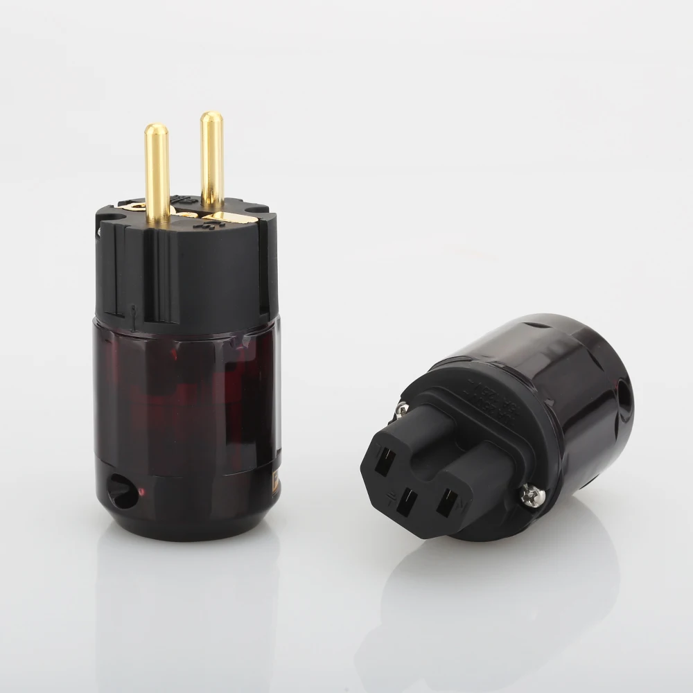 One Pair 24K Gold Plated Schuko Power Plug+IEC Female Audio Connector