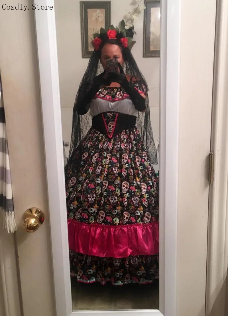 Rose Bone Dress Day Of Dead Walk Dead Costume Halloween Corpse Bride Women Carnival Skull Skeleton Fancy Death Outfit For Adult