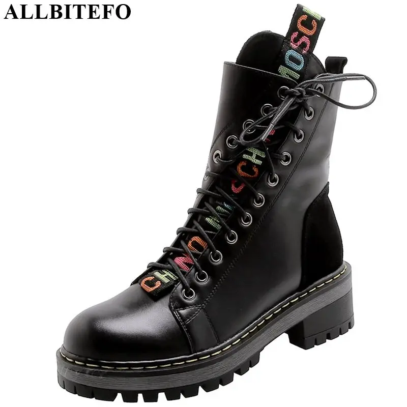

ALLBITEFO natural genuine leather women boots Round toe fashion cool girls ankle boots Frenulum comfortable Martin boots