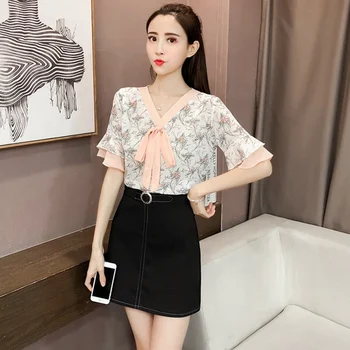 

Wholesale Women's Blouses New Feminina Korean Style Loose Flare Sleeve Chiffon Shirt Fashion Sweet Floral Print