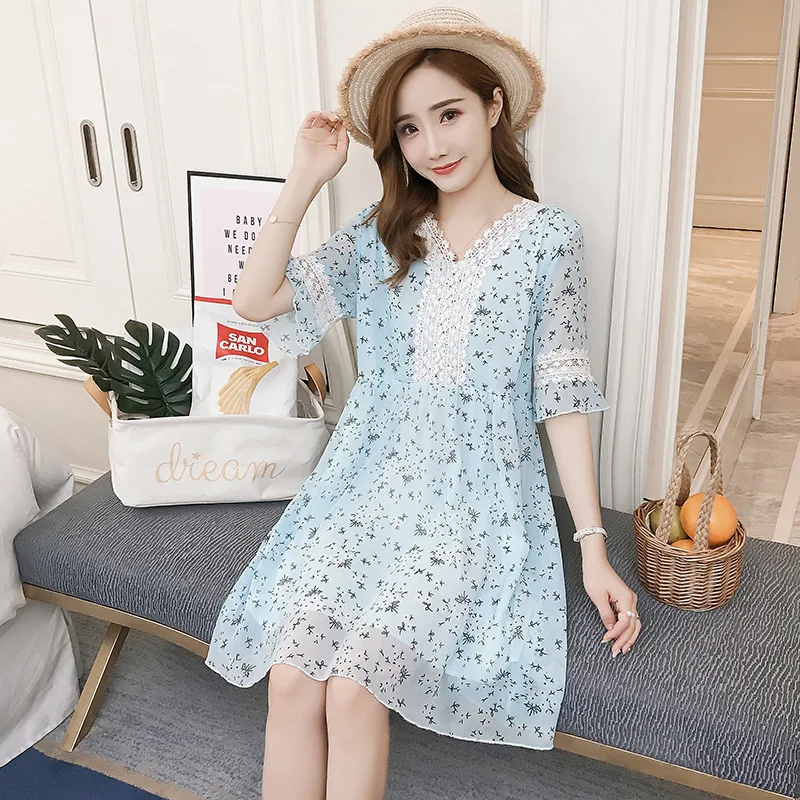 

2018 New Style Pregnant Women Summer Mid-length Chiffon Dress Large Size Short Sleeve-Style Full Body Dress