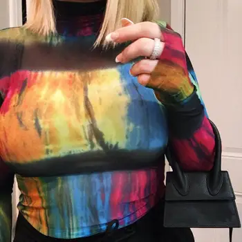 

Waatfaak Tie Dye Transparent Mesh T Shirt Women Turtleneck Long Sleeve T Shirt Sexy Harajuku Black T-shirt Graphic Tee Tops 2019