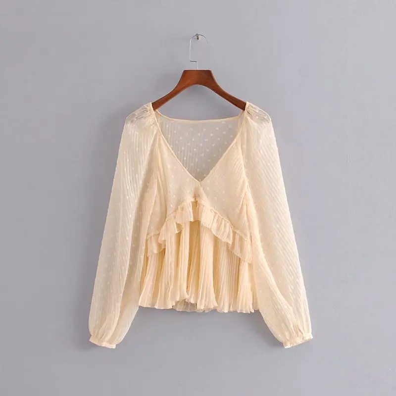 1062HHWM-2239-beige Женская шифоновая рубашка со звездным светлячком, милая элегантная блуза с v-образным вырезом и оборками в горошек с пышными рукавами из тюля, деловой женский офисный Топ - Цвет: 1062HHWM-2239-beige