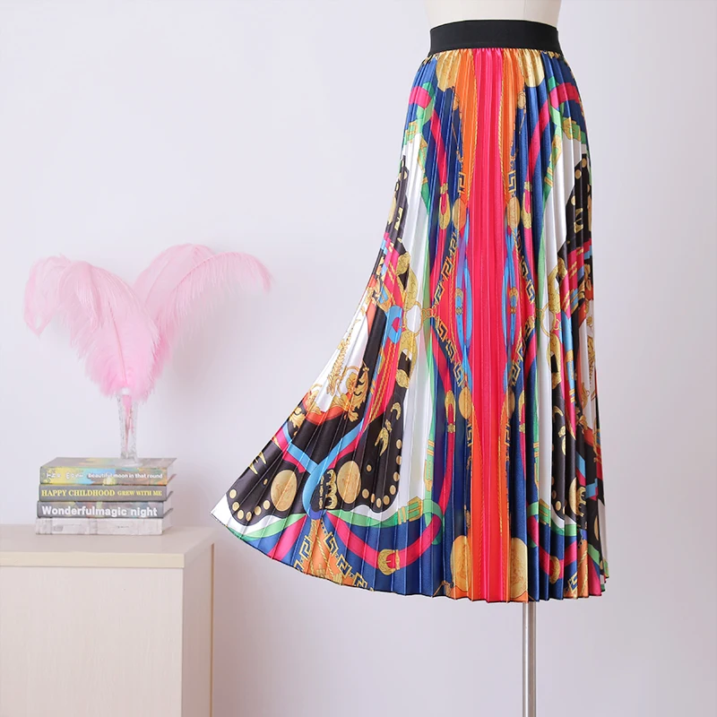 

2019 autumn and winter new women's stitching contrast color fashion print high waist pleated mid-length skirt