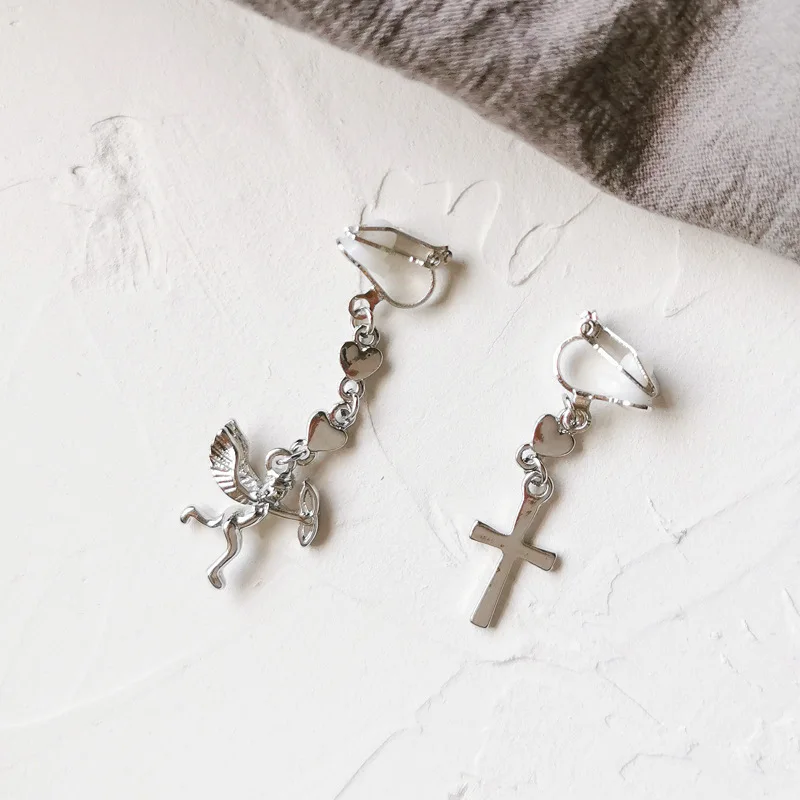 

Harajuku Silver Color Cross Chic Punk cupid arrow angel Clip on Earrings without Piercing For Women