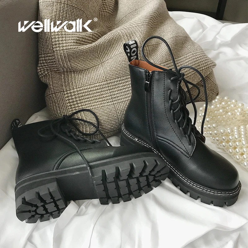 

Women Martens Boots Short Fashion Mid Booties Motorcycle Round Toe Side Zip Lace Up Cross-tied Nonslip Platform 6 Inches 8 Lady