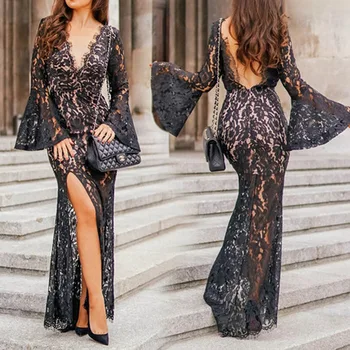 

BacklakeGirls 2020 Black Lace Sexy Deep V Neck Long Sleeve Evening Dress Backless Hollow Out Mermaid Women Dress Vestidos Fiesta