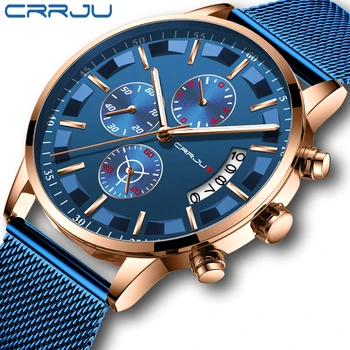 

Mens Watches Top Brand CRRJU Stylish Blue Casual Sports Watches Men's Military Waterproof Mesh Strap Quartz Clock reloj hombre