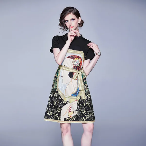 Модное летнее элегантное мини-платье для подиума, женское Повседневное платье-футболка с короткими рукавами и рисунком персонажа из мультфильма, платья с поясом - Цвет: Черный