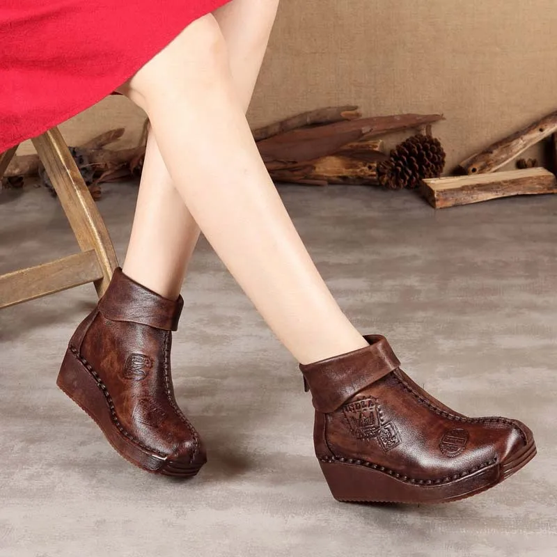 

Women Leather Ankle Boots Embroidery Autumn 2019 Martin Boots 5 Cm High Heels Wedge Shoes Handade Genuine Leather Martin Boots