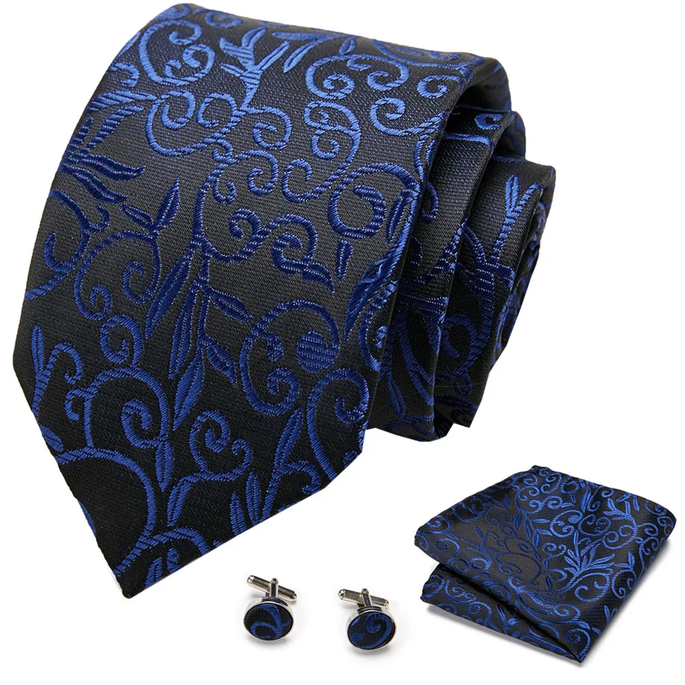 Новый мужской галстук 7 5 см черный синий Folral 100% шелк жаккард тканый Hanky запонки