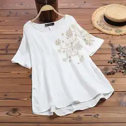 Женская блузка больших размеров Лето 2019 ZANZEA винтажные топы с вышивкой кафтан льняное с короткими рукавами рубашки женские блузы с круглым