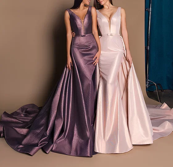 Mermaid Prom Dresses Vestidos De Gala Shiny Satin Formal Party Dresses V-Neck Long Train Robe De Soiree