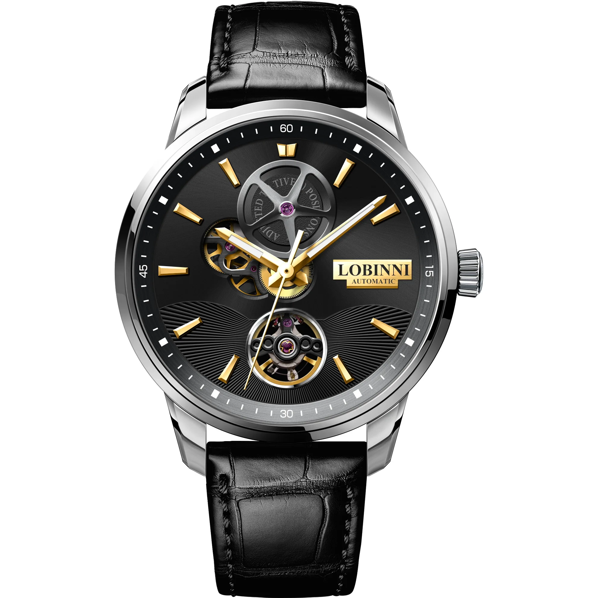 

LOBINNI Mens Automatic Watches Male Luxury Watch Waterproof Mechanical Wristwatch Luminous Sapphire Skeleton Dial Leather Strap