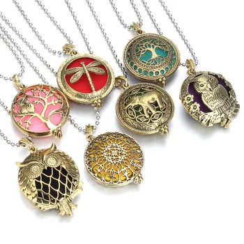 

Aroma Diffuser Necklace Bronze Tree Owl Dragonfly Elephant Open Locket Pendant Perfume Essential Oil Aromatherapy Necklace