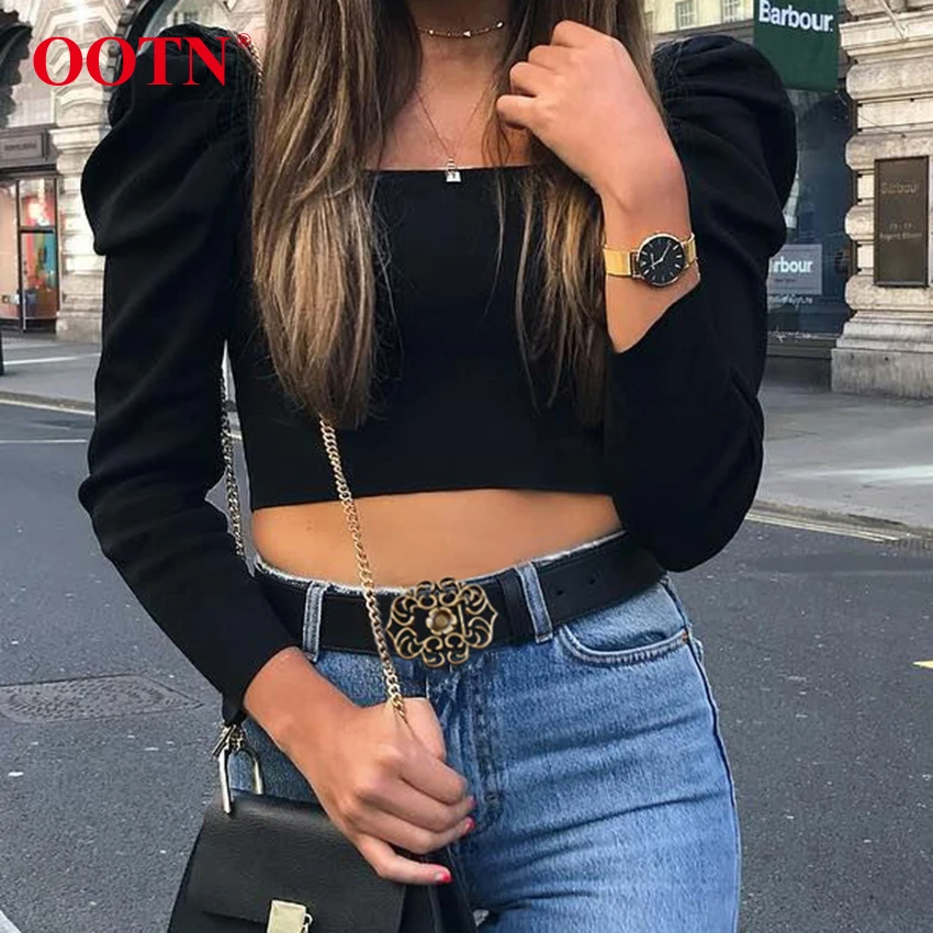 OOTN, сексуальный женский короткий топ с длинным рукавом и буфами, Осень-зима, женские вязаные топы, тонкая женская черная короткая блузка, топы, уличная одежда