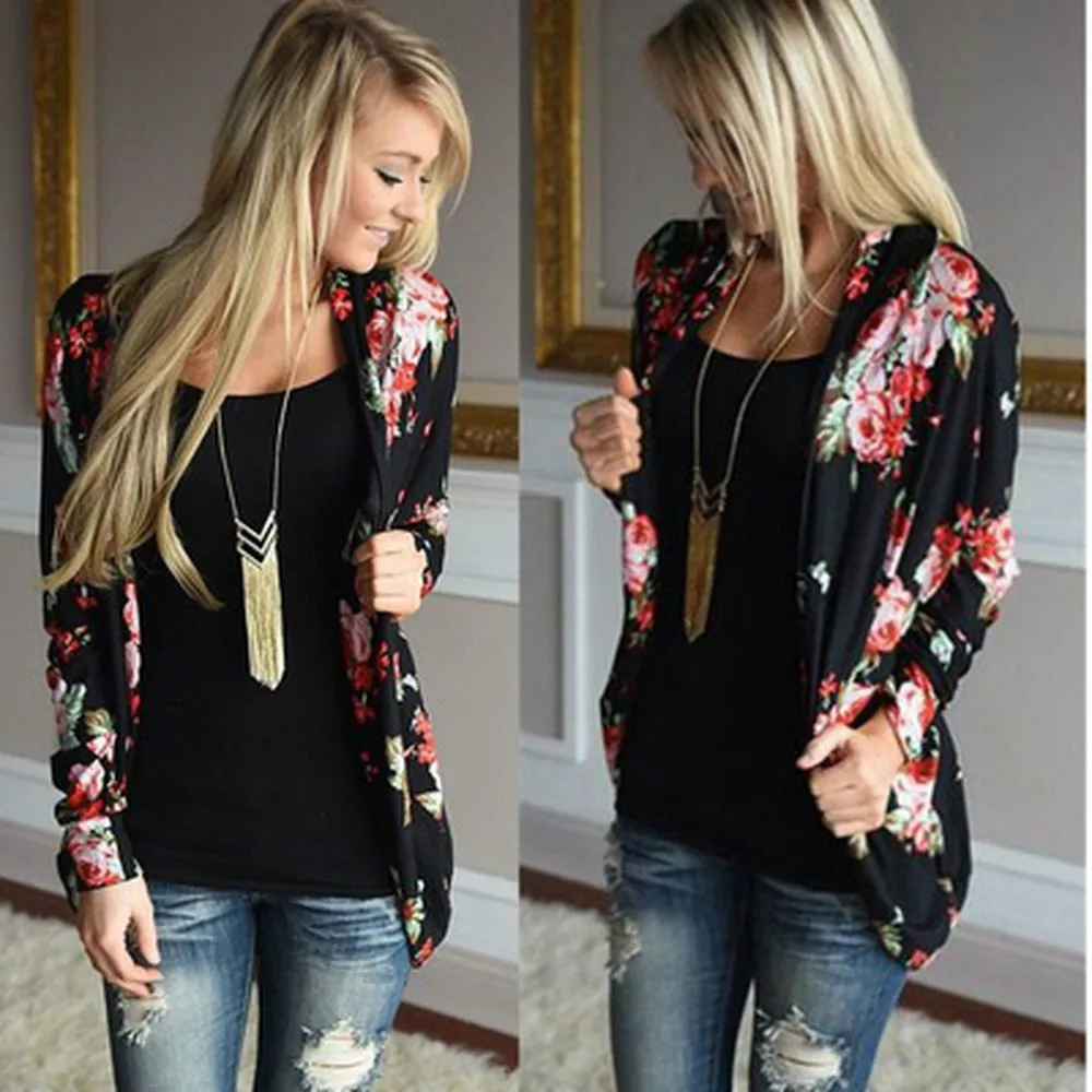 

Women Basic Coats Loose Outerwear Tops Women Kimono Floral Print Long Sleeve Cardigan jacket