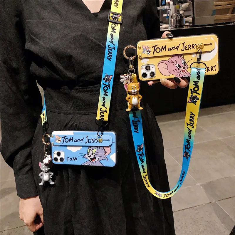 Wrist Strap Phone Case for IPhone 11 PRO X XR XS Max Cartoon Cat and mouse Lanyard Neck iPhone 6s 7 8 plus Cover |