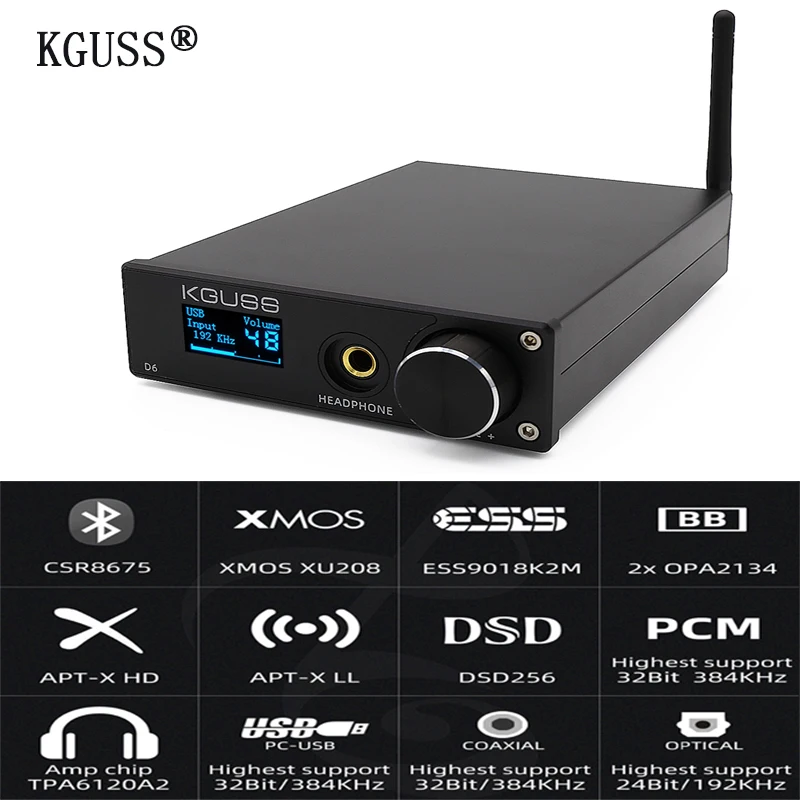 KGUSS D6 2020 New USB DAC XMOS ES9018K2M audio decoder DSD Bluetooth CSR8675 5 0 APT X headphone amplifier