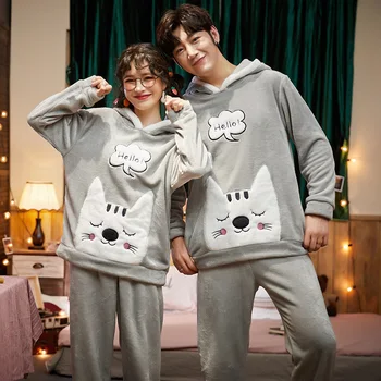 

Animal Cat Couple Pajamas With Hooded Soft Winter Pajama Women Thick Warm Flannel Men Coral Fleece Home Wear Suit Pijama Hombre
