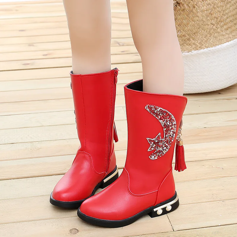 Красный Girls Boots Winter New Children Leather Boots Fashion Sequin Tassel Girls Princess Boots Plus Velvet Warm Kids Shoes 27-37 - Цвет: Красный